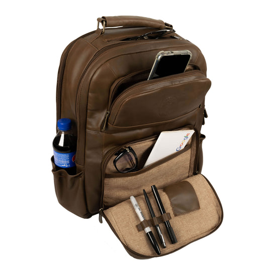 Oualichi Brown Full Grain Leather Backpack - Medium